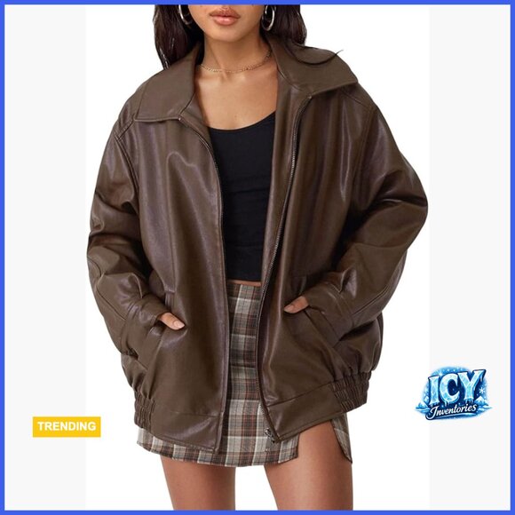 Oversized Faux Leather Motorcycle Jacket with Zipper Closure